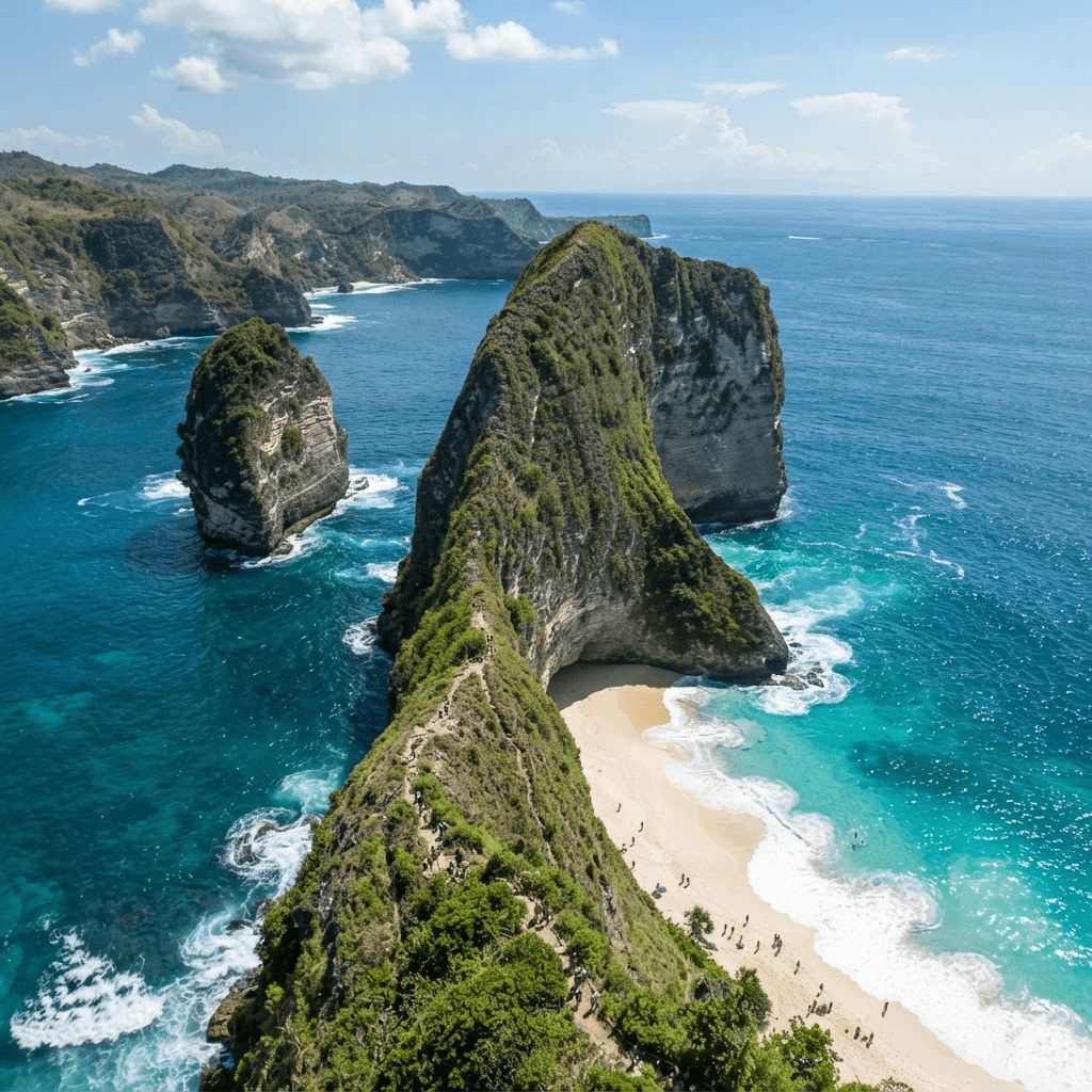Kelingking cliff on Nusa Penida rising above turquoise water