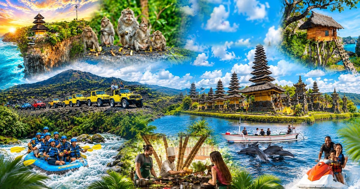 Collage of Bali full day tour destinations — temples, rice terraces, waterfalls and coastlines