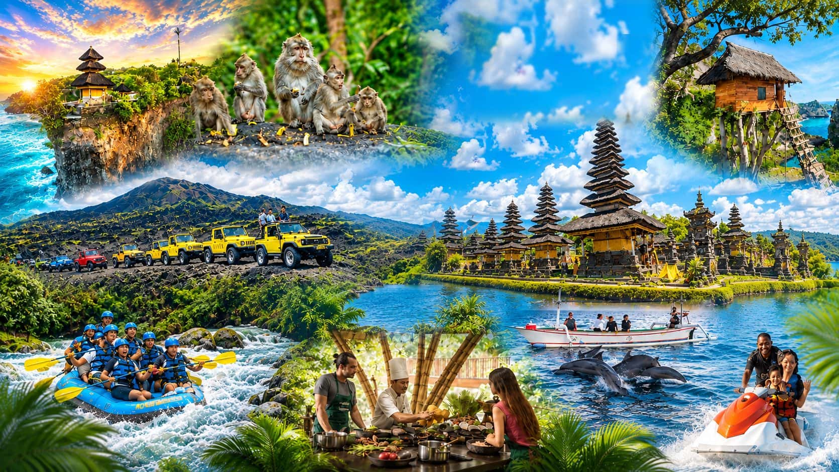 Collage of Bali adventures: cliff temple at sunset, wild monkeys, jeep tour on Mount Batur, water temple, whitewater rafting, dolphin watching and a Balinese cooking class