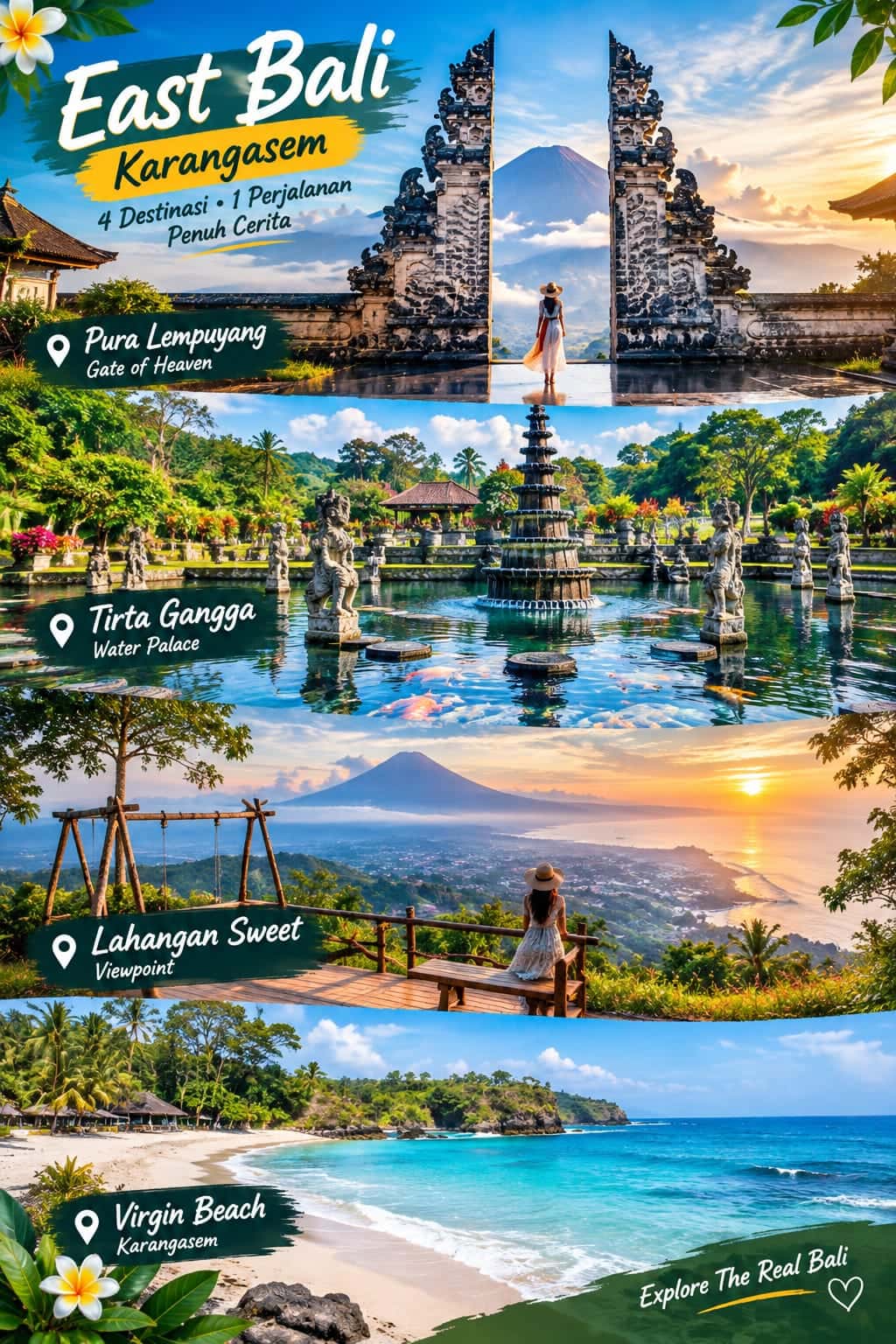 East Bali Karangasem tour ideas — Pura Lempuyang, Tirta Gangga, Lahangan Sweet and Virgin Beach