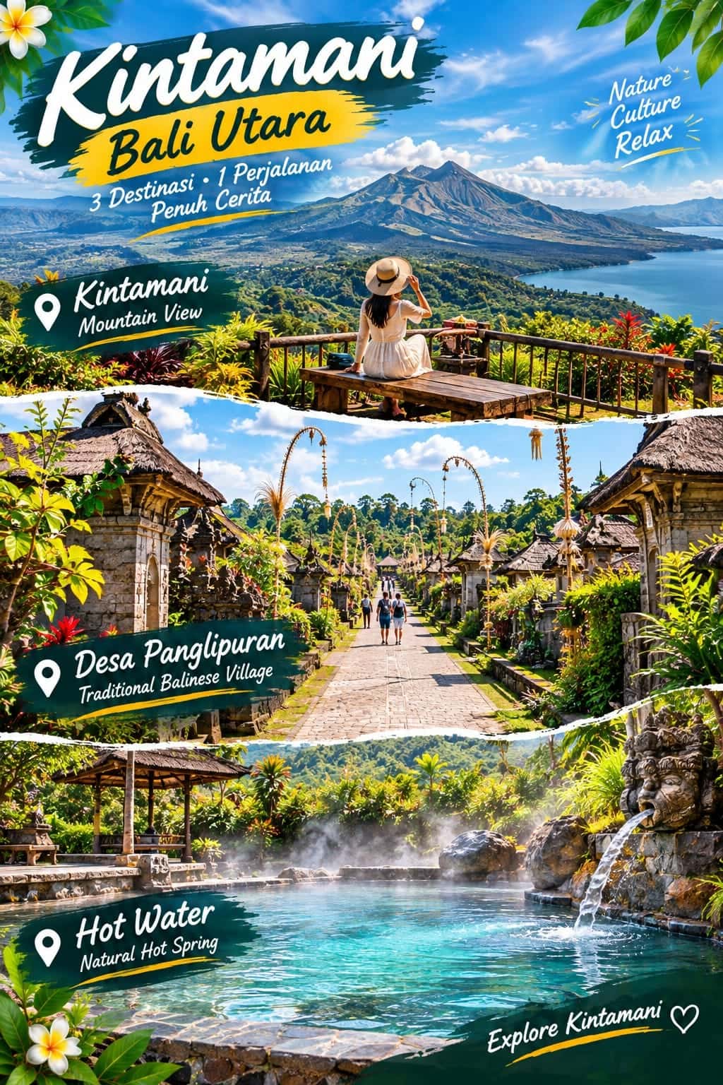 Kintamani tour ideas — mountain view, Desa Panglipuran traditional village and natural hot springs