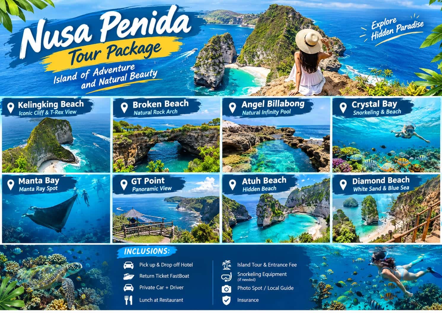 Nusa Penida tour package — Kelingking Beach, Angel’s Billabong, Broken Beach and Crystal Bay