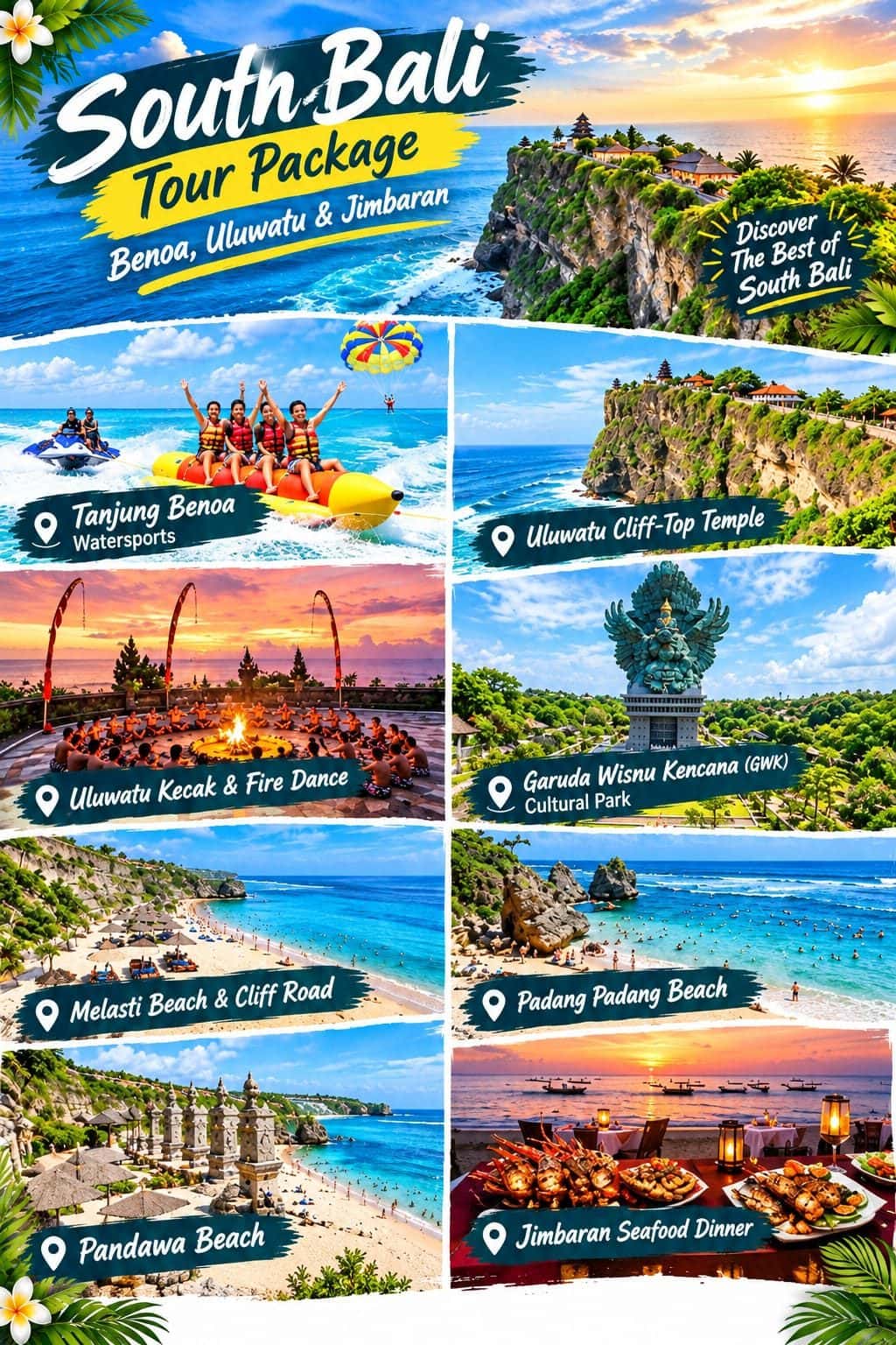 South Bali tour ideas and activities — watersports, cultural park, cliff temple and beaches